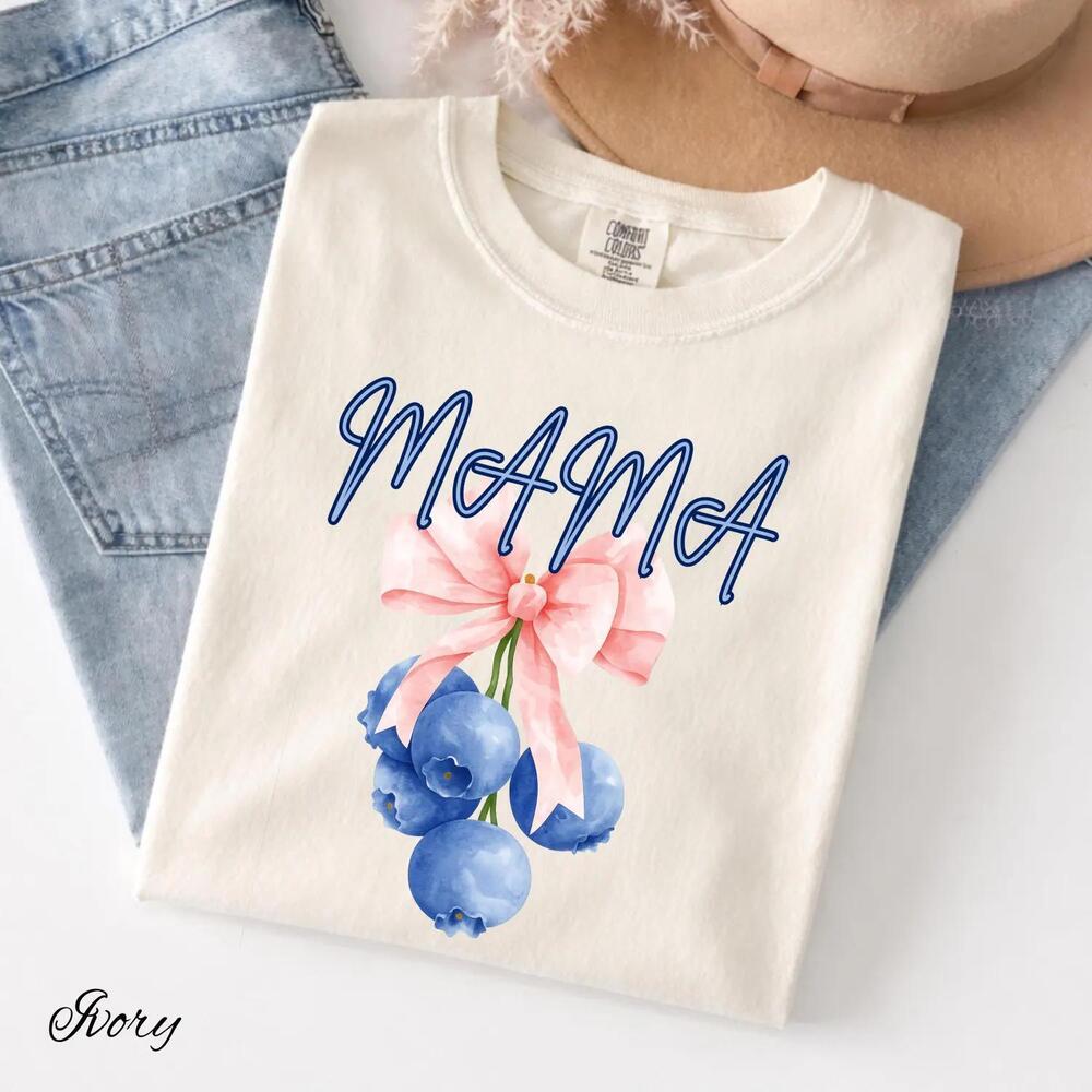 Mothers Day Shirt, Mama Blueberry Bow T-Shirt, Motherhood Shirt